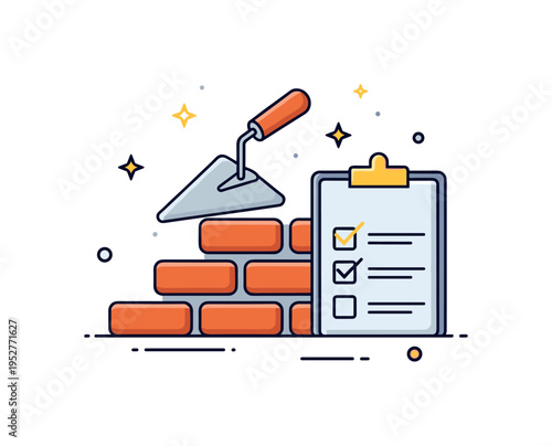 Bricks and trowel contractor service icon featuring a brick wall segment paired with a small checklist symbol. The scene communicates professional standards,