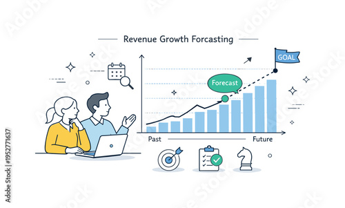 Revenue growth forecasting. Charts extending into the future with dotted lines and forecast markers. A calm visual about planning, prediction, and strategic