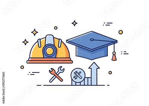 Local employment and skills development in mining communities represented by a miner helmet merging with a graduation cap, communicating opportunity and