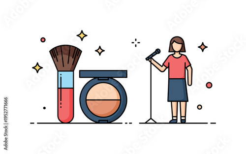 Makeup artist backstage workflow centered on a brush and compact powder placed beside a simple performer silhouette, expressing collaboration and preparation