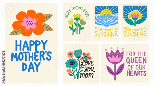 Foto Charming Mother’s Day poster collection featuring hand drawn flowers, typography quotes, and colorful decorative elements