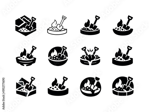 Installing an outdoor fire pit. Icon set. Set Logo of Installing an outdoor fire pit: shovel and gravel. harmonious logo variations of the same emblematic