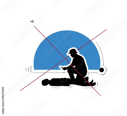 Black and white paramedic silhouette kneeling beside a patient outline, bright blue semicircle halo behind both figures, thin red diagonal line emphasizing