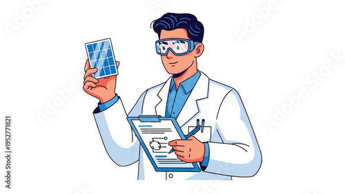 Scientist Inspection: A scientist in a lab coat and safety glasses inspects a solar panel, and holds a clipboard with the diagrams of the electricity circuit.