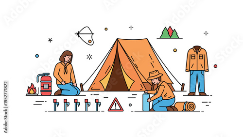 Campers using a tent with secure stakes, fire safety equipment nearby, and wearing proper outdoor clothing, emphasizing preparation, safety, and responsible