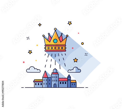Historical reform and fear concept with a crown casting a long shadow over a small city silhouette. The image reflects tension between state authority and