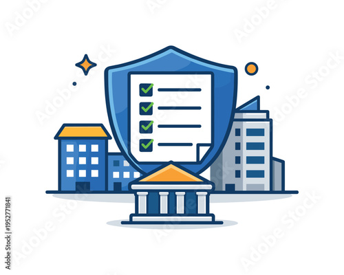 Compliance officer checklist shield visualized as corporate governance, where a structured checklist and shield are supported by small building icons to convey