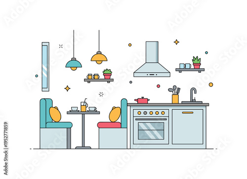 Minimal kitchen with a small breakfast nook, tidy counter, and subtle decorative elements, emphasizing simplicity, comfort, and functional living. Minimalist