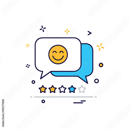 Customer satisfaction metric represented by a speech bubble with a smile icon and a subtle rating star scale below it, expressing feedback tracking and service