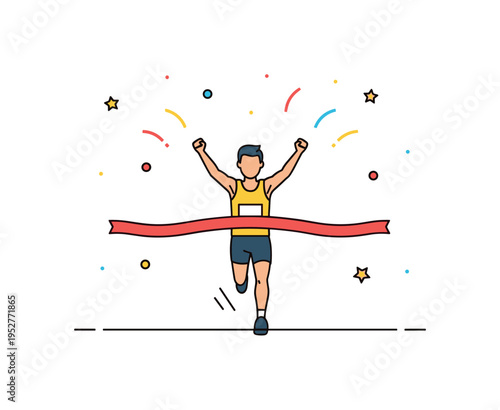 Marathon victory capturing the decisive moment of a runner crossing the finish line with arms raised in triumph as a bold ribbon breaks and subtle confetti