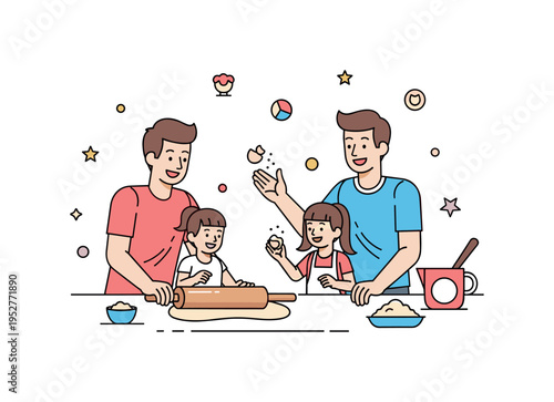 Baking with family, rolling dough and sprinkling flour while chatting and laughing, emphasizing togetherness and simple joys of daily life. Minimalist flat