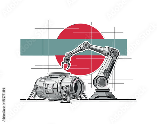 Black and white construction robotic arm assembling habitat module, vibrant crimson circle behind the mechanical arm, muted teal rectangular stripe crossing