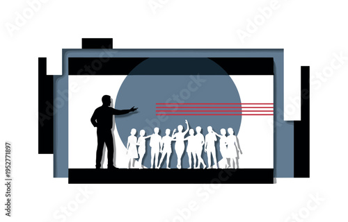 Black and white choreographer silhouette gesturing toward ensemble on stage, large muted blue circle behind symbolizing creative vision, thin red horizontal