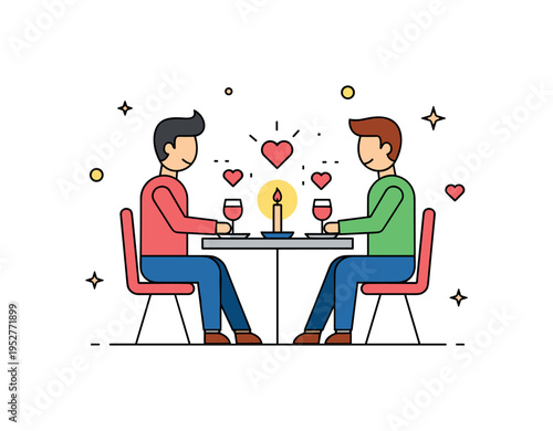 Date romantic dinner scene with two figures seated across a small table with candle and subtle heart accents, expressing intimacy and warm connection in a cozy