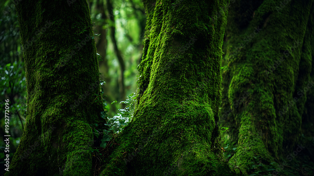 Fototapeta premium Ancient Forest Roots with Lush Green Moss Cover, Deep in a Mystical Woodland, Nature's Serenity, Tranquil Growth and Organic Patterns