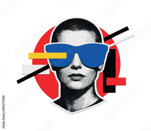 Pop art portrait with sunglasses, generic black and white human head in retro photo style, oversized solid-color sunglasses hiding identity, bold red circle