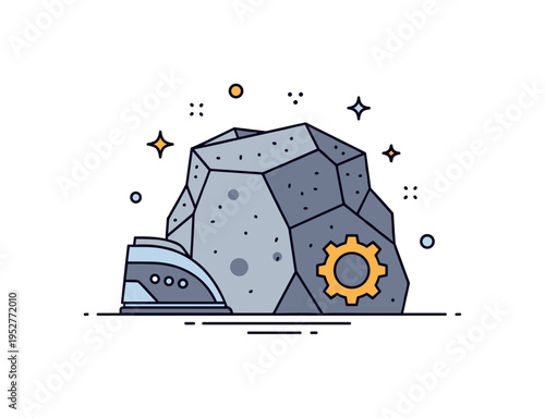 Iron ore chunk with bold textured shapes and a small industrial gear icon, symbolizing raw materials and resource extraction. Clean geometric forms and minimal