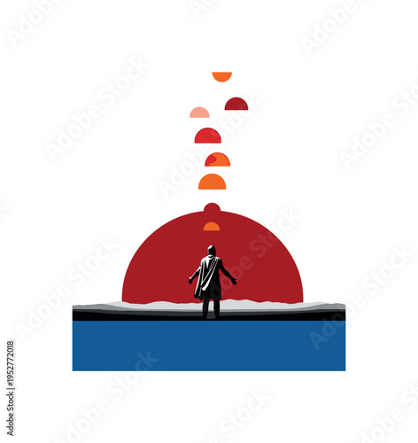Black and white warrior silhouette facing distant horizon, oversized red semicircle anchoring the skyline, cobalt blue rectangular base defining ground plane,