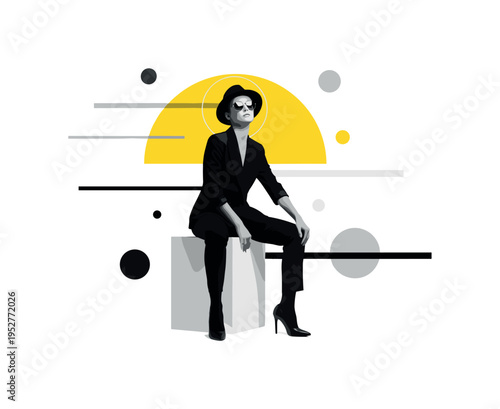 black and white seated fashion model on a simple geometric cube, oversized yellow semicircle halo behind the upper body, abstract floating circles and clean