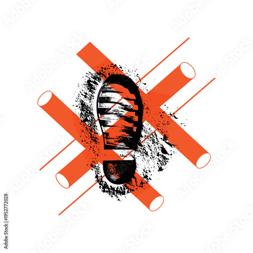 Black and white astronaut footprint pressed into lunar soil, combined with bold orange cylindrical shapes and diagonal lines implying historic motion, clean