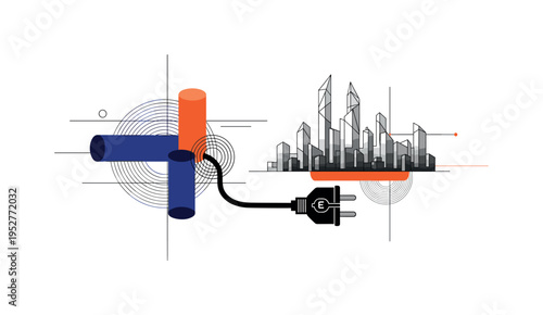 A monochrome electric bus plug connected to a geometric city skyline silhouette, abstract cylinders and concentric circles symbolizing smart mobility systems,