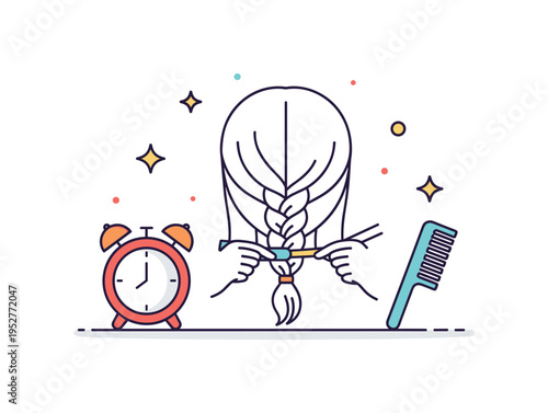 Morning routine hair braiding showing a simple braid in progress beside a small alarm clock icon and a comb. The scene conveys everyday preparation and calm