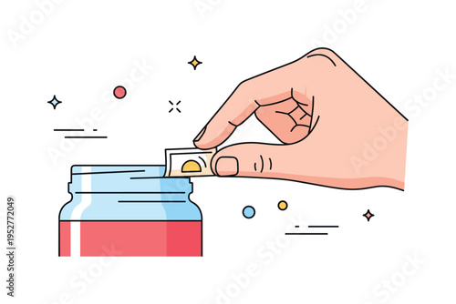 Close-up of fingers lifting a small sticker from a jar surface, emphasizing tactile interaction, careful removal, and clean handling. Minimalist flat vector