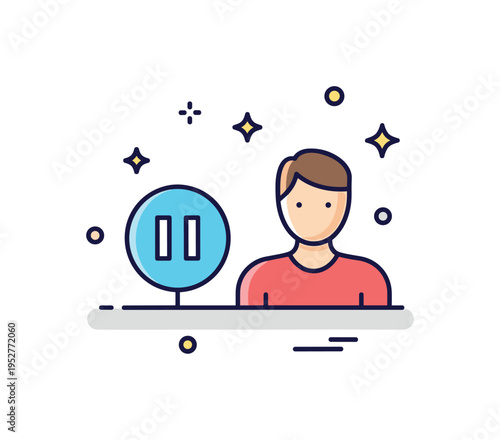 Break and recharge moment centered on a small pause icon beside a calm figure and subtle sparkle accents, expressing rest as part of productivity. A thoughtful