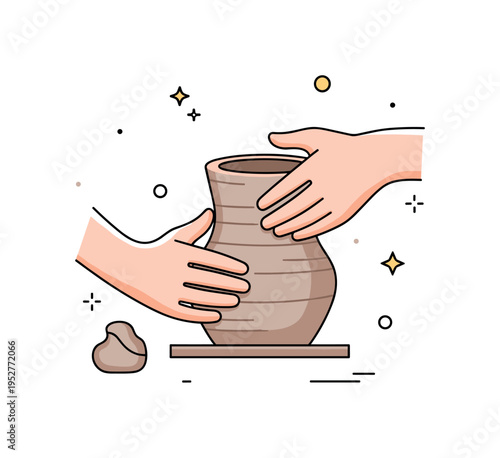 Beginner pottery practice focused on uneven clay form being carefully corrected by steady hands, conveying learning, improvement, and persistence. A supportive