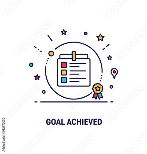 Behavior chart milestone reward badge illustration with a compact chart symbol inside a circular emblem and small confetti accents, representing achievement