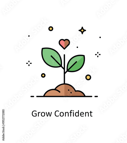 Building confidence concept centered on a small plant growing steadily upward with a tiny heart icon near its leaves, symbolizing gradual self development. A