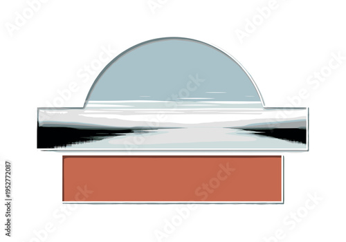 Black and white mist hovering lightly above quiet river surface, oversized pale blue semicircle framing the upper atmosphere, bold terracotta rectangular block