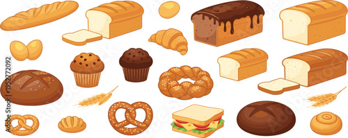 Cartoon style bakery illustration featuring assorted bread loaves, croissants, muffins, pretzels, baguettes, sandwich, wheat stalks, and baked goods isolated on white background