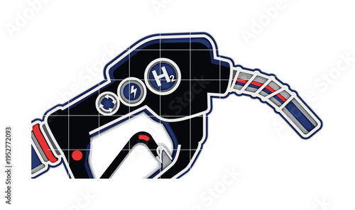 A monochrome close-up of a hydrogen fuel pump nozzle, abstract circular symbols with a single H integrated into bold geometric shapes, thin grid