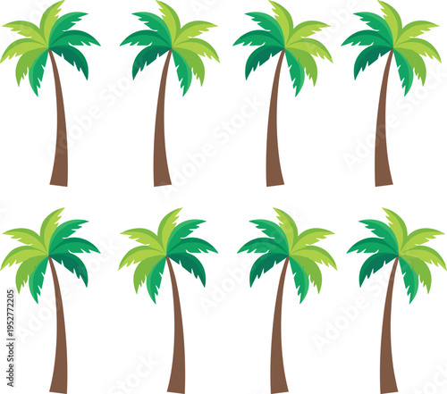 Cartoon tropical palm tree collection in two rows, stylized vector illustration for summer, vacation, beach, nature, educational pattern recognition, tropical island design concept