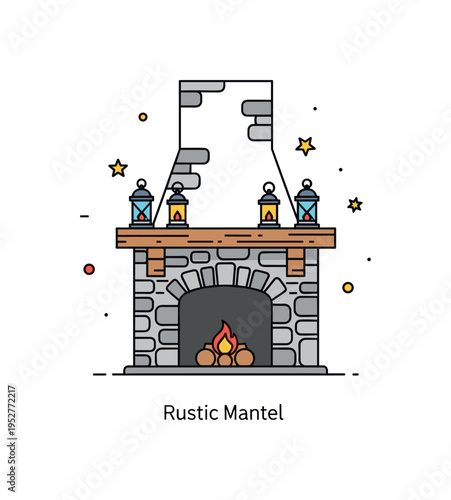 Fireplace mantel rustic decor illustration featuring a stone textured fireplace outline and wooden style shelf with small lantern icons, expressing countryside