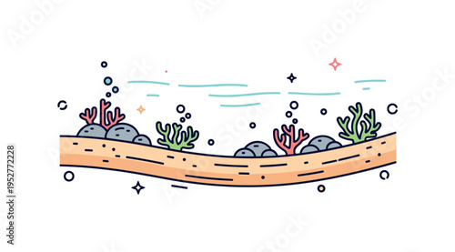 Underwater reef landscape icon featuring a curved seabed line with coral formations and tiny bubble accents, symbolizing peaceful aquatic scenery and natural