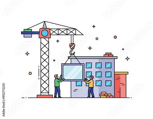 Urban construction progress scene centered on a crane hook raising a window frame toward a simple building facade. Subtle sparkle accents and minimal