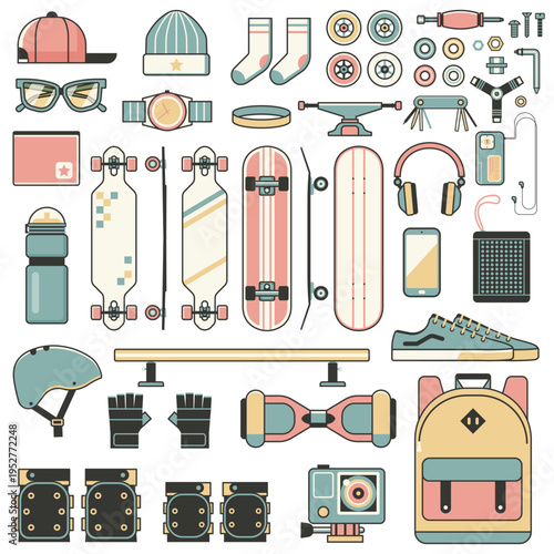 Skateboard Riding Elements and Icons in Line Art