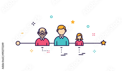 Family timeline concept featuring a horizontal line with three minimal character icons placed in sequence from elderly to young, symbolizing passage of time