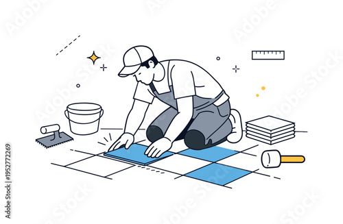 Floor installation. A tiler carefully placing floor tiles on a clean surface, focused and precise work in progress. Calm professional atmosphere with subtle