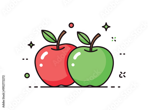 Glossy apple duo featuring contrasting red and green fruits with smooth highlight curves and neat stems, symbolizing variety and balanced diet. The small badge
