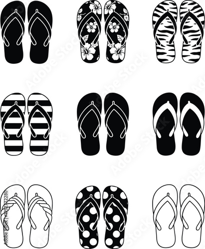 Collection of colorful flip-flops in 3x3 grid showcasing diverse summer footwear styles including floral, striped, polka dot, animal print, casual beach sandals