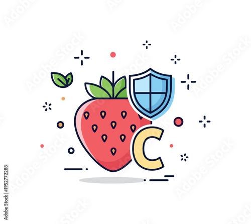 Strawberry vitamin boost concept combining a bright berry with a small shield and letter C symbol, representing immunity and healthy lifestyle. Compact badge