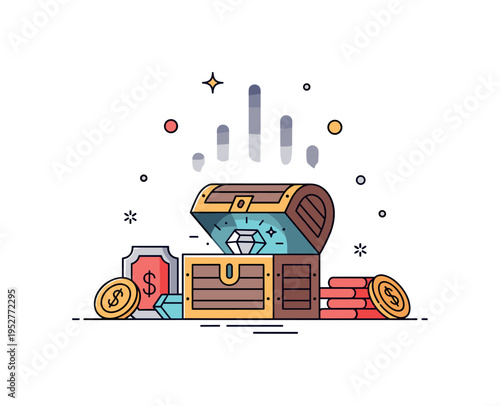 Cursed treasures centered on a mysterious ancient chest slightly open with a glowing gem inside and faint dark aura rising around it. The scene conveys