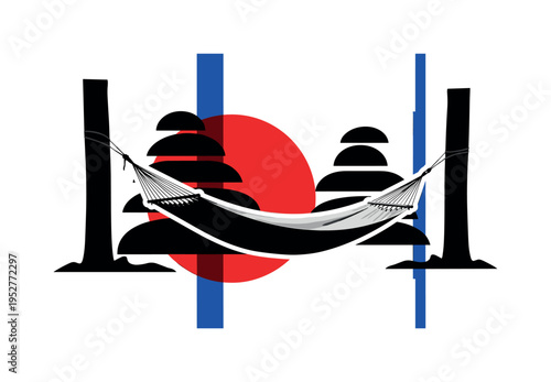 Black and white hammock stretched between two trees, oversized red geometric circle behind the canopy like a warm sunset disc, cobalt blue vertical line