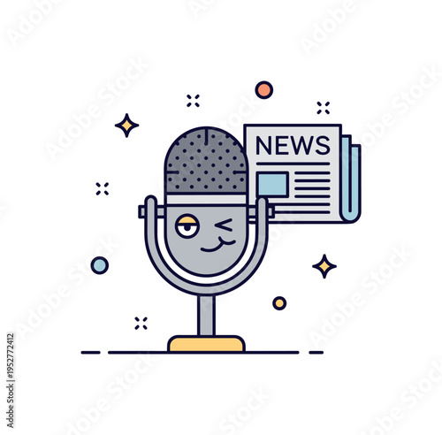 Satirical news podcast concept illustrated by a microphone combined with a small newspaper icon and a playful smirk detail, expressing humorous commentary on
