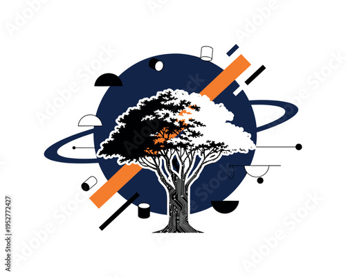 Black and white abstract tree branch with butterflies fluttering around it, oversized circular halo behind symbolizing air movement, bold emerald green and