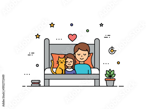 Morning cuddle with a pet centered on a simplified bed silhouette with a cat and owner side by side, expressing comfort and affectionate routine. The compact