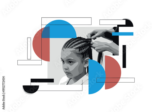 Monochrome portrait of a child getting hair braided, abstract semicircles framing both figures symbolizing care, geometric rectangular accents creating visual